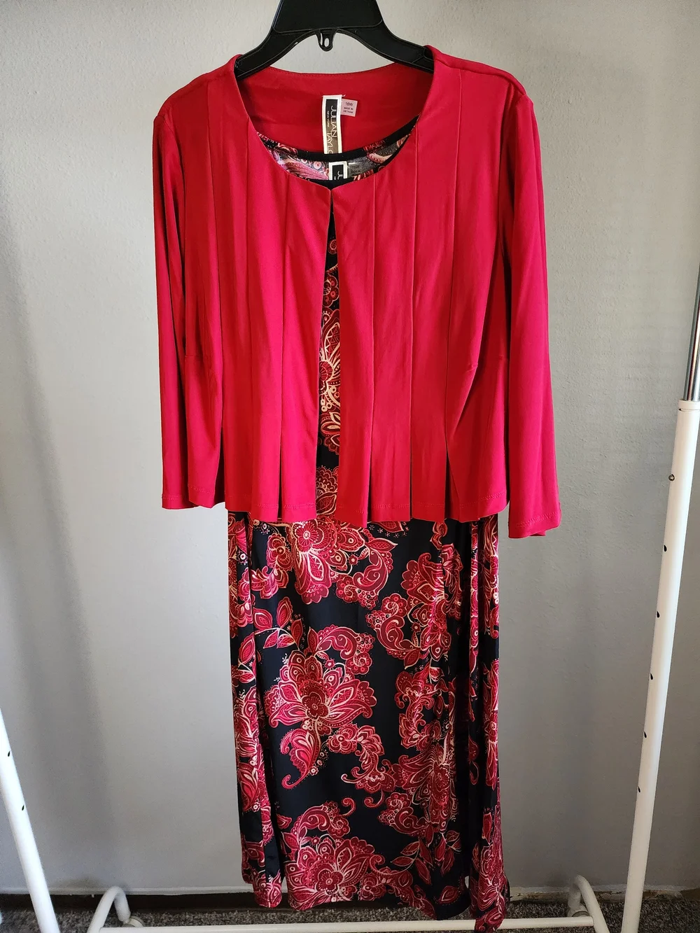 Julian Taylor Red and Black Floral Midi Dress with Red Jacket